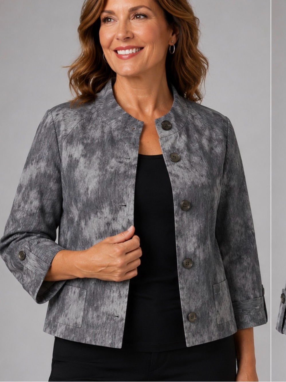 Robert Kitchen Gray & Black Moonlight Jacquard 3/4 Sleeve Jacket Topper Size XL